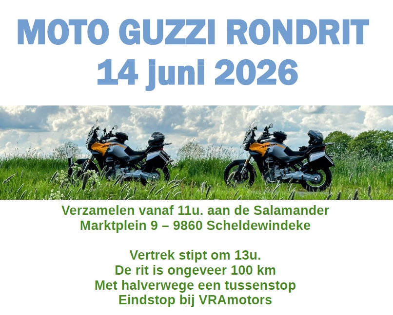 We nodigen je van harte uit op onze jaarlijkse VRA Rondrit  We verzamelen vanaf 11u00 aan de Salamander  Marktplein 9 - 9860 Scheldewindeke.   We vertrekken stipt om 13u00.  De rit is ongeveer 100 km, met halverwege een tussenstop.  We eindigen de rit bij VRAmotors!
